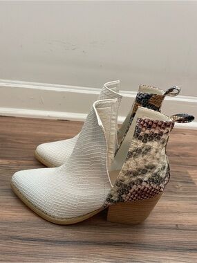 White and Snake Print Ankle Heels Boots